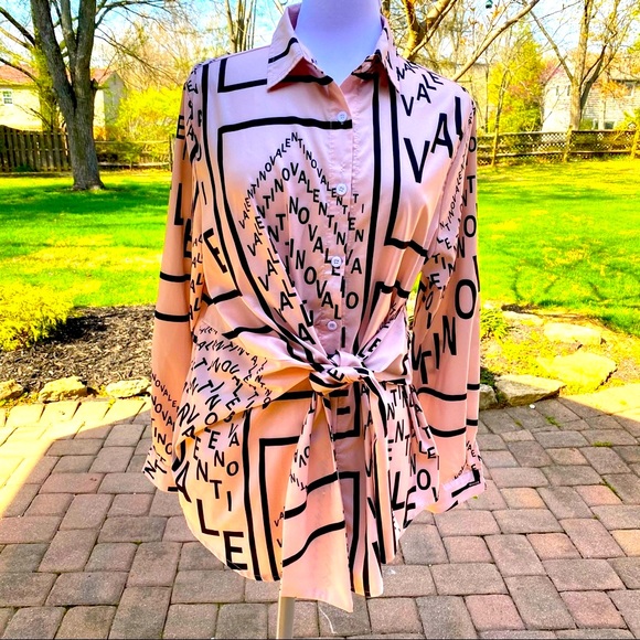 CBR Tops - CBR Pink and black print blouse with tie waist